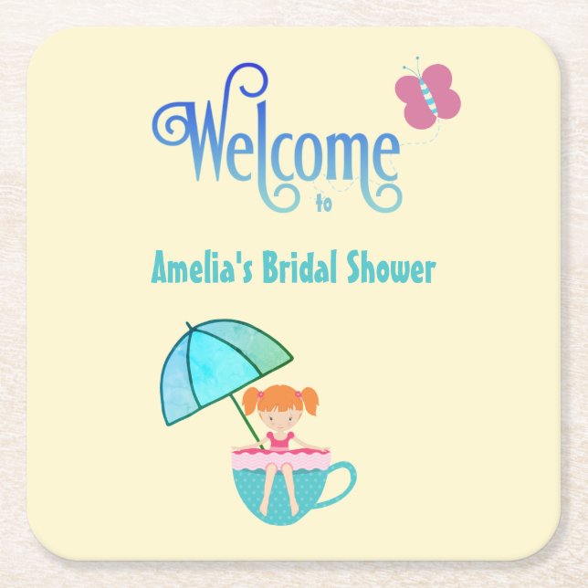 Welcome Custom Name Bridal Shower Teacup  Square Paper Coaster (Front)