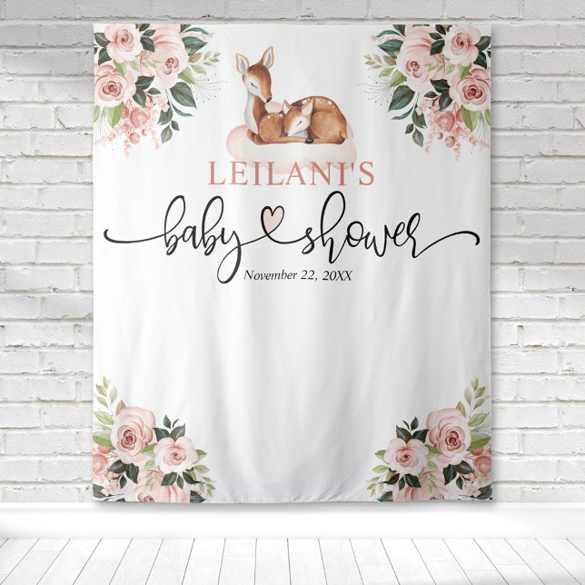 Welcome Deer Baby Shower Pink Floral Backdrop Tapestry (Baby shower deer and fawn pink cloud pink floral botanical watercolor backdrop for photo ops.)