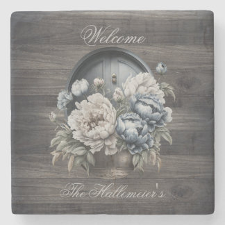 Welcome Door on Barnwood with Blue & White Peonies Stone Coaster