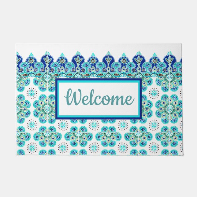 Welcome Doormat Turquoise&blue tile design (Front)