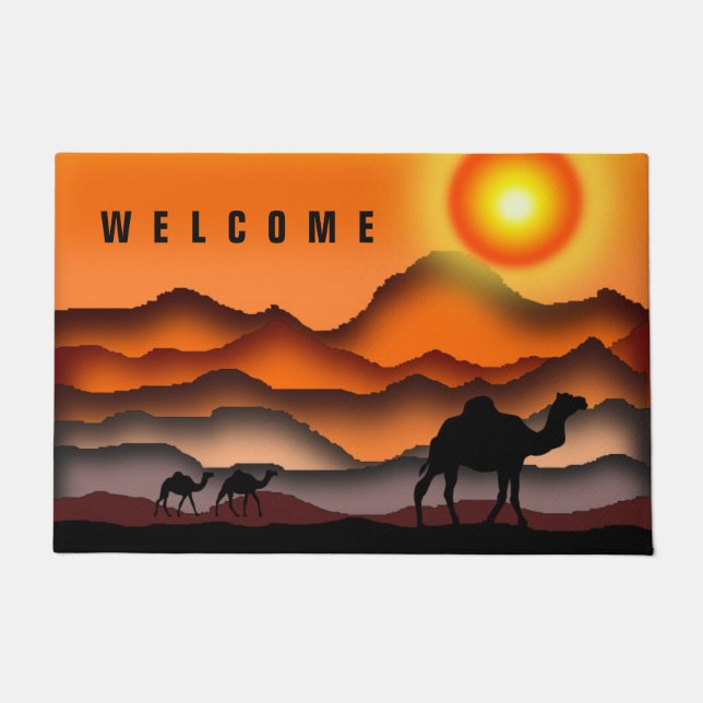 Welcome Doormat with Camels In Sunset Desert (Front)