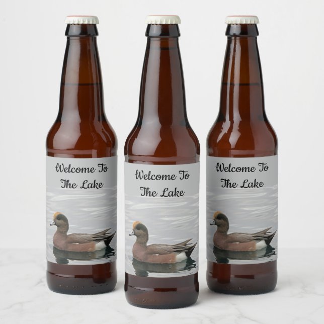 Welcome Duck Photo Wigeon Calm Water Lake House Beer Bottle Label (Bottles)
