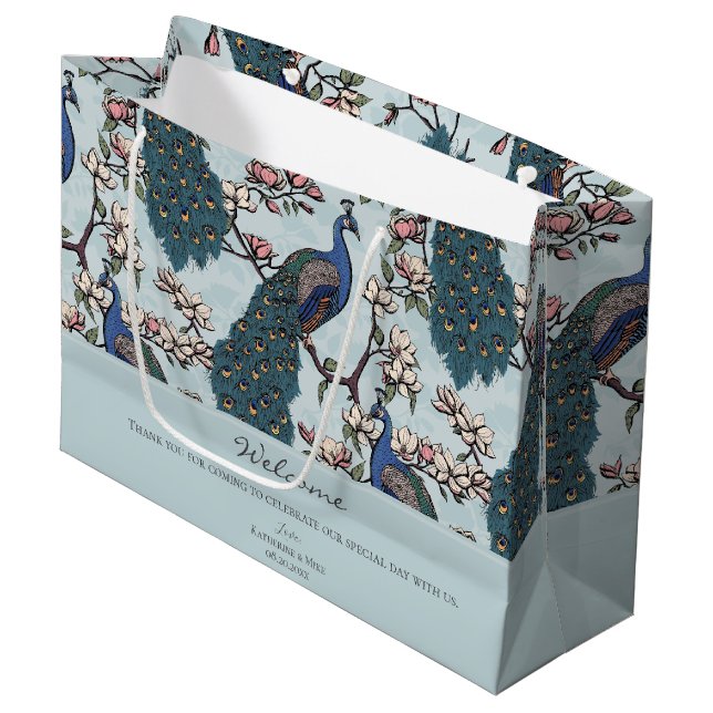 Welcome Dusty Blue Floral Peacocks Large Gift Bag (Front Angled)