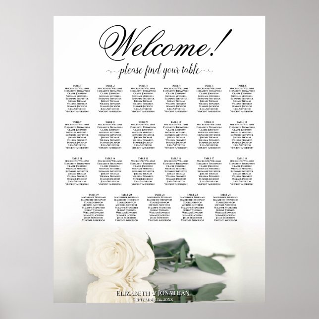 Welcome! Elegant White Rose 23 Table Seating Chart (Front)