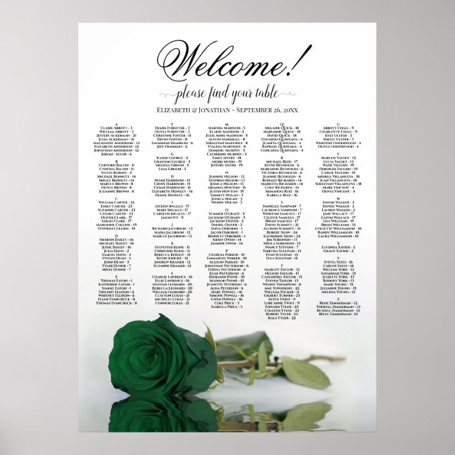 Welcome! Emerald Rose Alphabetical Seating Chart (Front)