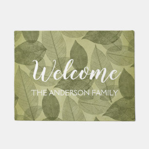Welcome Fall Autumn Green Foil Leaves Doormat