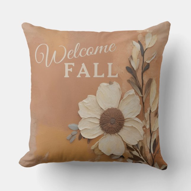 Welcome Fall Decor Burnt Orange Tan Brown Floral Cushion (Front)