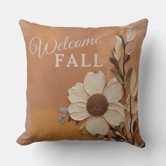 Welcome Fall Decor Burnt Orange Tan Brown Floral Cushion (Front)