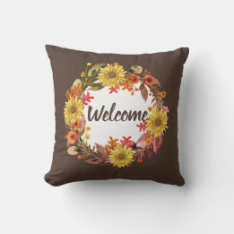 Welcome Fall Flower and Leaves Wreath Cushion