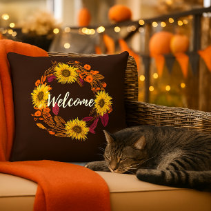 Welcome Fall Flower and Leaves Wreath Cushion
