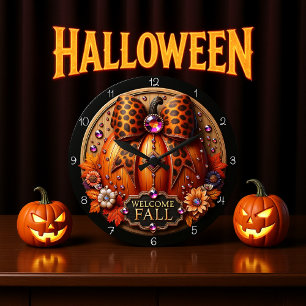 Welcome Fall Leopard Pumpkin Large Clock