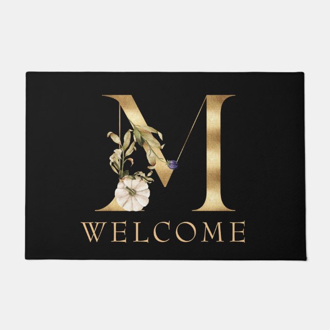 WELCOME Fall Monogram M with Pumpkins  Doormat (Front)