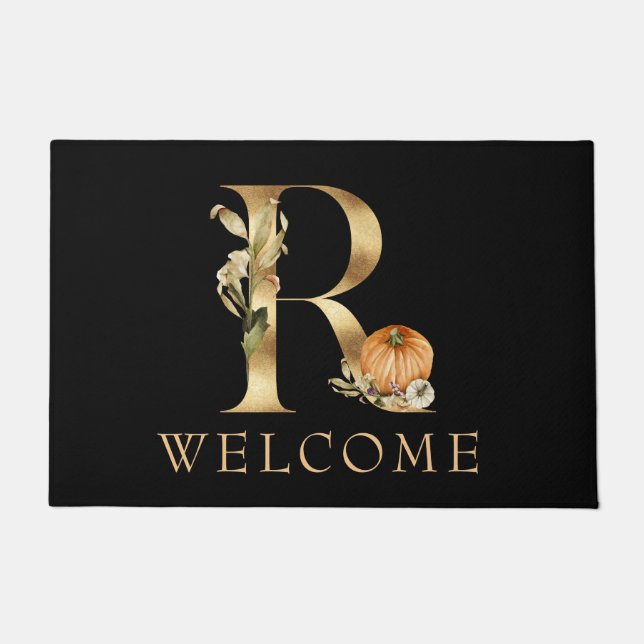 WELCOME Fall Monogram R with Pumpkins  Doormat (Front)