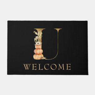 WELCOME Fall Monogram U with Pumpkins  Doormat