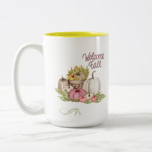 Welcome Fall Pink White Pumpkins Autumn Two-Tone Coffee Mug