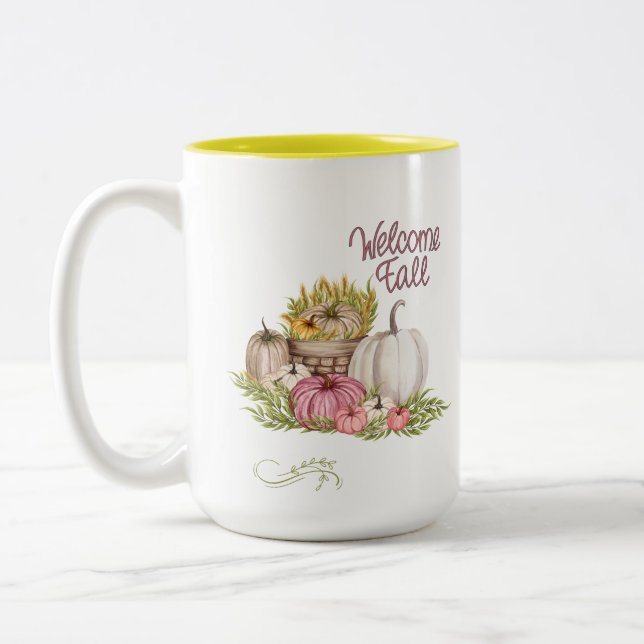 Welcome Fall Pink White Pumpkins Autumn Two-Tone Coffee Mug (Left)