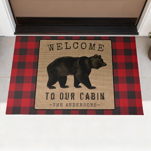 Welcome Family Cabin Rustic Bear Red Buffalo Plaid Doormat (Creator Uploaded)