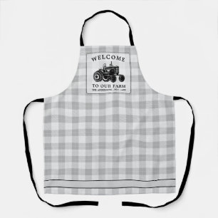 Welcome Family Name Farm Tractor White Plaid Apron