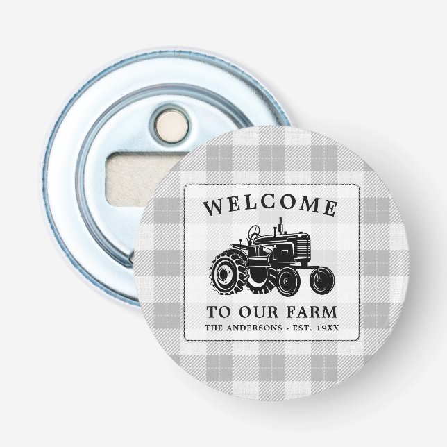Welcome Family Name Farm Tractor White Plaid Bottle Opener (Front)