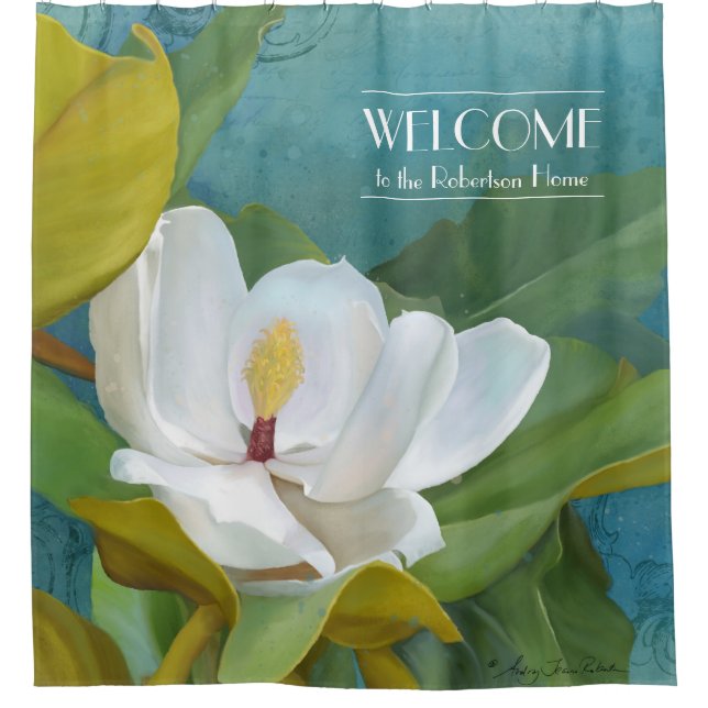 Welcome Family Name Magnolia Painted Elegant Bath Shower Curtain (Front)