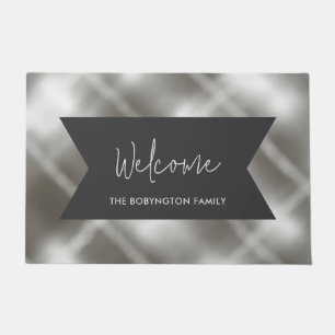 Welcome family name plaid grey white typography doormat