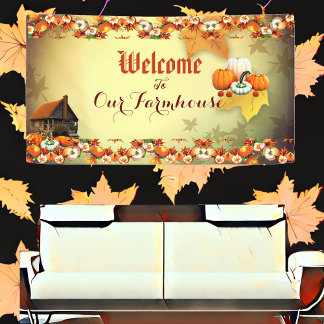 Welcome Farmhouse Orange White Pumpkin Maple Leave Banner