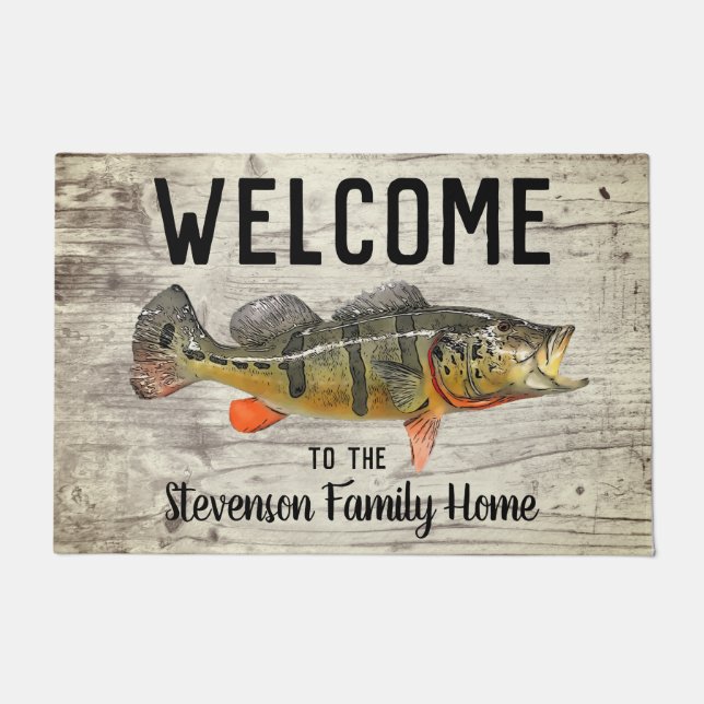 Welcome Fishing Peacock Bass Family Name Home Doormat (Front)