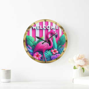 Welcome Flamingo Tropical Stripe Large Clock
