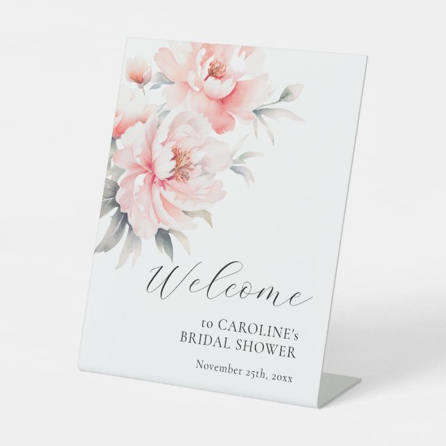 WELCOME Floral Peonies Blush Pink BRIDAL SHOWER Pedestal Sign (Front)