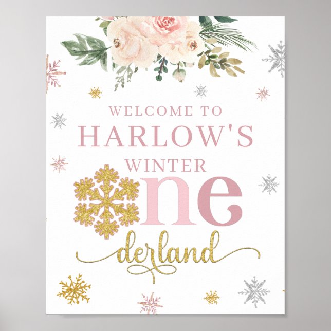 Welcome Floral Snowflake ONEderland Birthday Sign (Front)