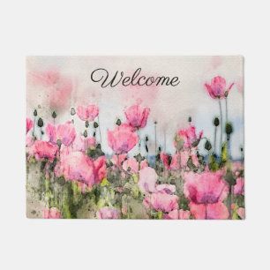 Welcome Floral Watercolor Pink Poppy Flowers Doormat