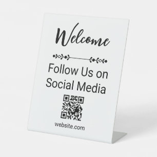 Welcome Follow Us on Social Media QR Code White Pedestal Sign