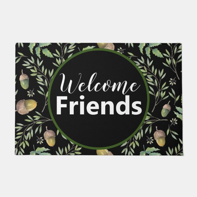 Welcome Friends| Green and Black Acorn Art Doormat (Front)