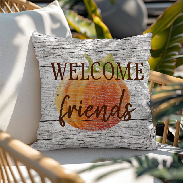 Welcome Friends Pumpkin On Weathered Wood Planks Cushion (Creator Uploaded)