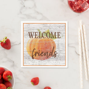 Welcome Friends Pumpkin On Weathered Wood Planks Napkin