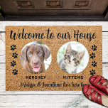 Welcome Funny Dogs House Custom 2 Pet Photo Doormat<br><div class="desc">Welcome guests with this funny doormat ! "Welcome to our House." Personalise with your pets photos and names. This Welcome Doormat features rustic natural faux coir and black design with paw prints. COPYRIGHT © 2022 Judy Burrows, Black Dog Art - All Rights Reserved. Welcome Funny Dogs House Custom 2 Pet...</div>