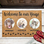 Welcome Funny Pets House Custom 3 Cat Dog Photo Doormat<br><div class="desc">Welcome guests with this funny doormat ! "Welcome to our House." Personalise with your pets photos and names. This Welcome Doormat features rustic natural faux coir and black design with paw prints. COPYRIGHT © 2022 Judy Burrows, Black Dog Art - All Rights Reserved. Welcome Funny Pets House Custom 3 Cat...</div>