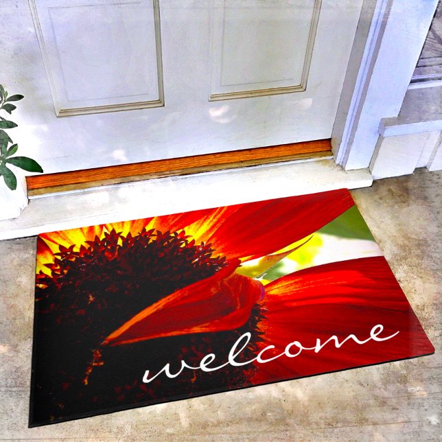 "Welcome" Giant Red Orange Daisy Close-up Photo Doormat (Creator Uploaded)