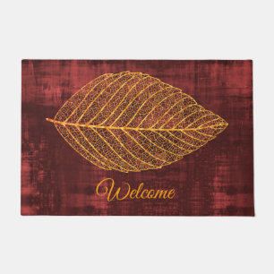Welcome Gold Autumn Leaf on Maroon Doormat
