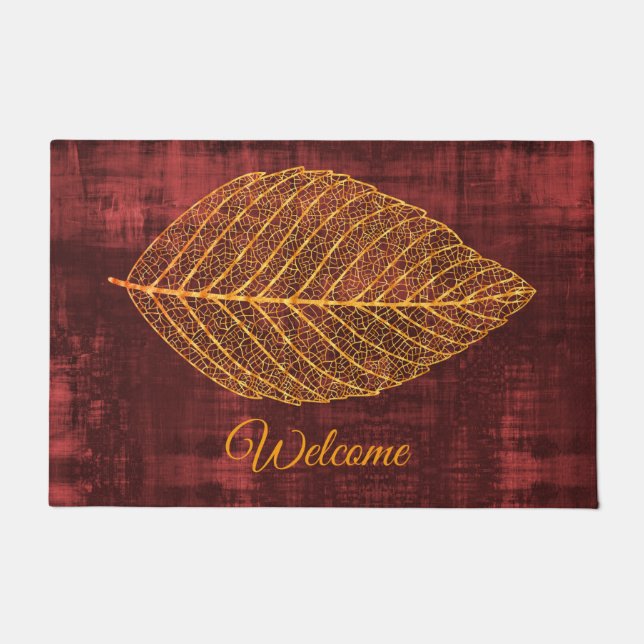 Welcome Gold Autumn Leaf on Maroon Doormat (Front)