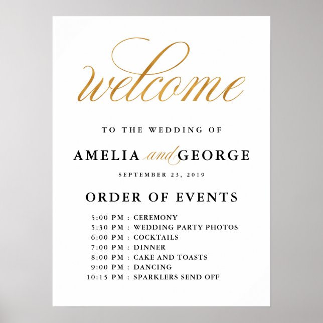 Welcome gold faux order of events wedding sign (Front)