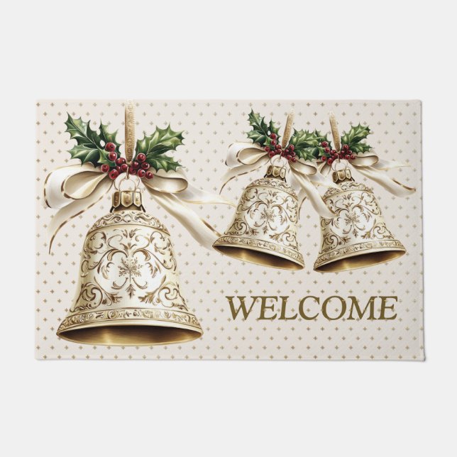 Welcome Golden Christmas Bell Shiny Stars Elegant Doormat (Front)