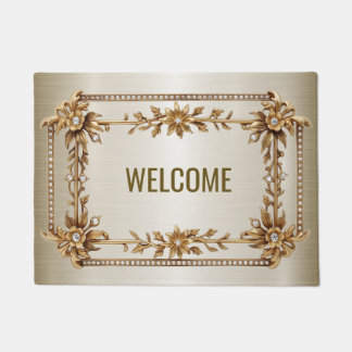 Welcome Golden Ornate Rectangle Dimond Flowers Doormat