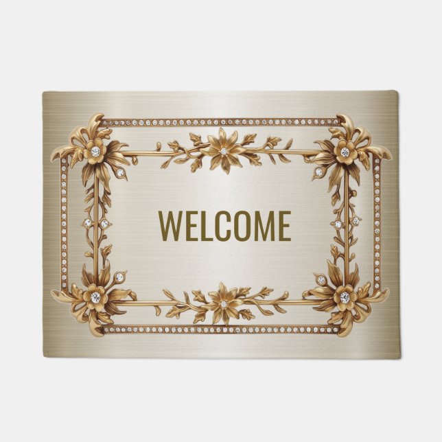 Welcome Golden Ornate Rectangle Dimond Flowers Doormat (Front)