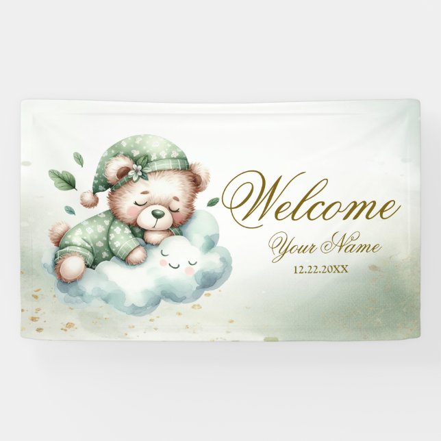 Welcome Green Boho Sleeping Teddy Bear Cute Party Banner (Horizontal)
