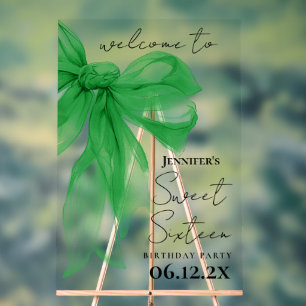 Welcome Green Bow Coquette Script Sweet 16  Acrylic Sign