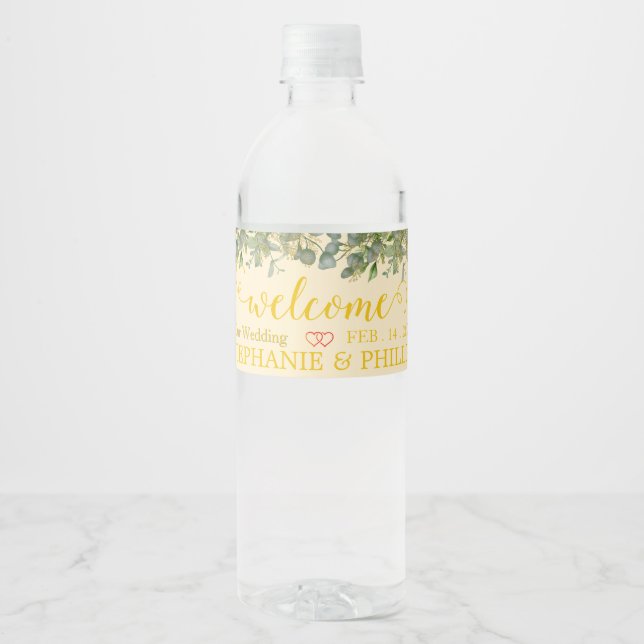 Welcome Green Eucalyptus Foliage Wedding Water Bot Water Bottle Label (Front)