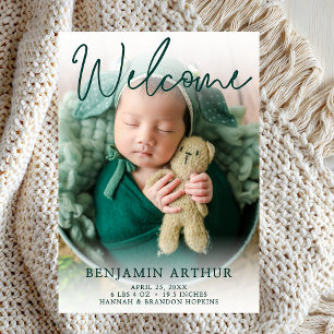 Welcome Green Photo Birth Announcement