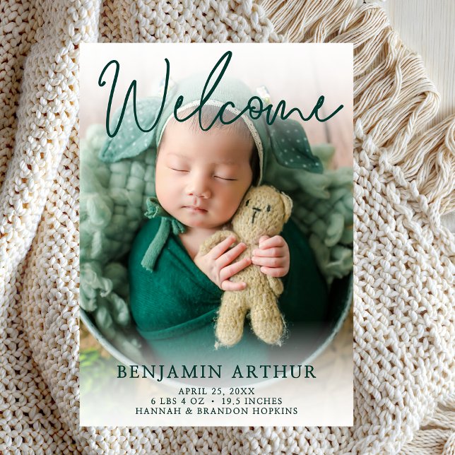Welcome Green Photo Birth Announcement (Creator Uploaded)