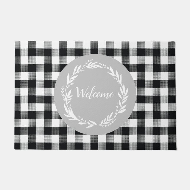 Welcome Grey Buffalo Check Pattern Autumn Doormat (Front)